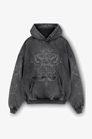 Übergroßer schwarzer Hoodie aus gewaschenem Denim-Stoff mit Fronttasche, ausgestattet mit einem aufwendigen grauen Grafikdesign sowie gerippten Bündchen und Saum.