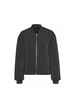 Graue Bomberjacke aus weichem Stoff, ausgestattet mit einem Frontreißverschluss, gerippten Bündchen und einem runden Kragen. Schlichtes Design ohne Muster.