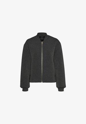 Graue Bomberjacke aus weichem Stoff, ausgestattet mit einem Frontreißverschluss, gerippten Bündchen und einem runden Kragen. Schlichtes Design ohne Muster.