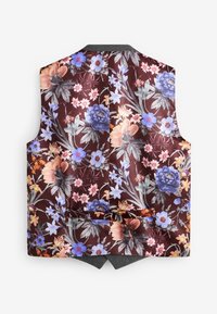Blomstret vest med en bordeaux baggrund og blå, lyserøde og orange blomster; satin struktur; grå kant med en rygventil og spænde detaljer.