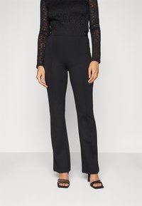 Black high-waisted trousers with a straight leg design, featuring a smooth fabric, two buttons at the waist, and a clean finish at the hem.