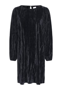 Robe longue en velours noir à manches longues, col rond et légère texture, avec une fermeture dos à bouton et boucle.
