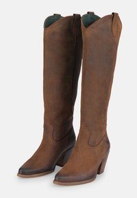 Bottes en daim marron jusqu'au genou avec un bout pointu, un haut incurvé et un talon empilé. Surface texturée avec des détails de couture subtils.