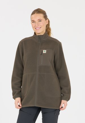 Dark brown fleece jacket with a high collar, zippered chest pocket, and two front pockets. Soft texture with a smooth shoulder design.