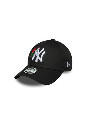 Black cap made from fabric with a curved brim, featuring white embroidered "NY" logo and red rose design. Adjustable strap on the back.