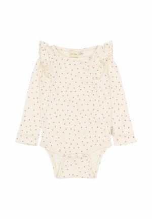 Hosszúujjú babaruházat krémszínben, kis piros szívmintával. Ráncos vállakkal és alsó patentezéssel a könnyű átszerelés érdekében. Pamut keverék anyag.