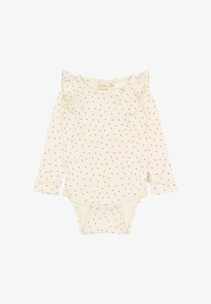 Detský overal s dlhým rukávom v krémovej farbe s malým červeným srdcovým vzorom. Má volánové ramená a spodné patentky pre jednoduchú výmenu. Materiál z bavlnenej zmesi.