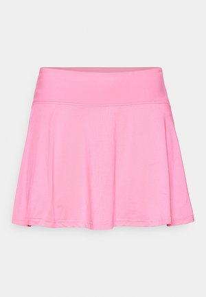 Pink athletic skirt with a wide elastic waistband, made of textured fabric, featuring a flared shape and smooth hems.