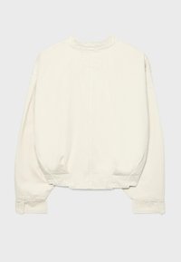 Off-white langärmelige Jacke mit hohem Kragen, elastischem Bund und Bündchen, von hinten vor neutralem Hintergrund gezeigt.