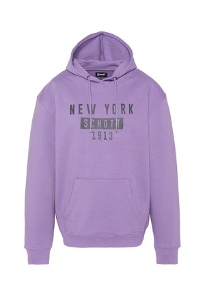 Sudadera con capucha lavanda con bolsillo delantero, cordones y texto "NEW YORK SCHOTT 1913" impreso en gris en el pecho.