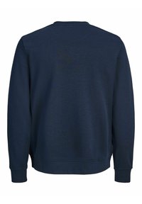 Sweat-shirt bleu marine à manches longues avec col rond, design uni, poignets et ourlet côtelés, montré de dos sur fond blanc.