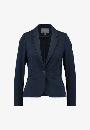 Mørkeblå blazer lavet af glat stof, med enkelt knaplukning, slagkraver og to frontlommer. Skræddersyet pasform.