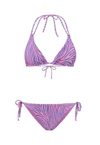 Bikini z vzorcem zebra v roza in modri barvi, ki vključuje trikotni top z nastavljivimi vezalnimi trakovi in ujemajoče se spodnje hlače z stranskimi vezalnimi trakovi.