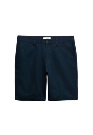 Pantalones cortos azul marino hechos de una mezcla de algodón, con frente liso, trabillas para cinturón y un único botón delantero. Textura suave y corte ajustado.