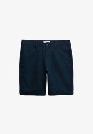 Marineblaue Shorts aus Baumwollmischgewebe, mit flacher Vorderseite, Gürtelschlaufen und einem einzelnen vorderen Knopf. Glatte Textur und maßgeschneiderte Passform.