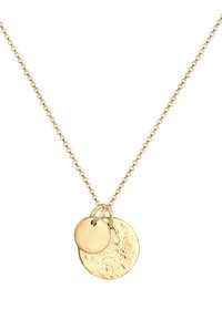 Collier en chaîne dorée avec deux pendentifs ronds texturés, l'un mat et l'autre avec une finition martelée, reliés par de petites anneaux en métal.