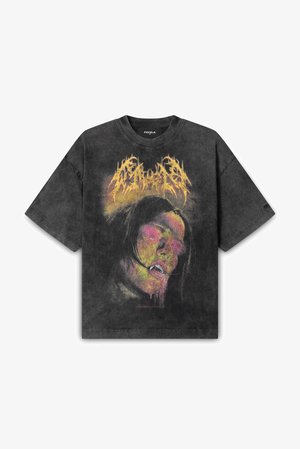 Fekete, túlméretezett póló, az elején élénk sárga és rózsaszín árnyalatokban megjelenő arc grafikával, cseppekkel és felirattal az alján.