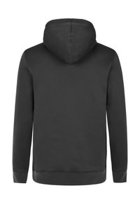 Hoodie in donkergrijs, met een gladde textuur, lange mouwen, ribbelmanchetten en een aansluitende onderrand, zonder zichtbare patronen of accenten.