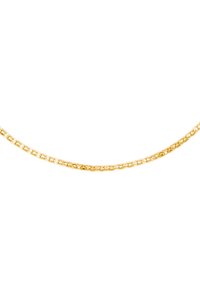Gouden ketting met een platte, rechthoekige ringontwerp. Gladde textuur met een glanzende afwerking, gelijkmatig verdeelde schakels en een subtiele glans.
