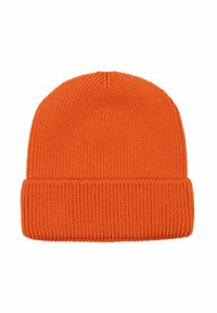 Berretto lavorato a maglia arancione con risvolto, caratterizzato da una texture a coste e un design della parte superiore senza cuciture. Tessuto resistente per calore e comfort.