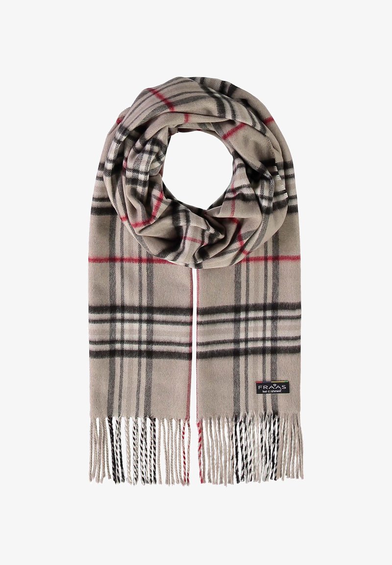 Beige plaid scarf made of soft fabric, featuring black and red lines, finished with fringed edges and a branded label.