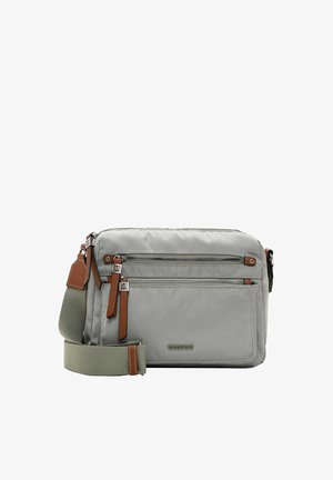 Grey nylon crossbody bag with brown leather accents, two zippered front pockets, and a wide, adjustable strap. Smooth texture, rectangular shape.