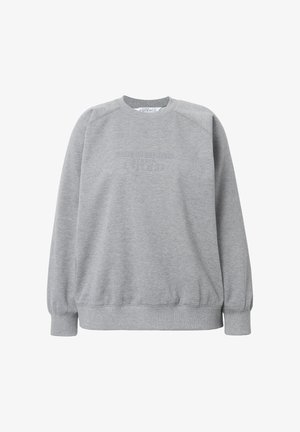 Sudadera gris con cuello redondo, mangas raglán y puños y dobladillo acanalados. Presenta texto en relieve en la parte delantera. Está confeccionada con una tela suave.