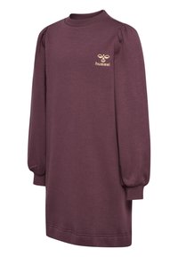 Lila Sweatshirt-Kleid mit langen, gepufften Ärmeln und hohem Ausschnitt. Verfügt über ein kleines, goldfarbenes, gesticktes Logo auf der Brust. Weiches Material.