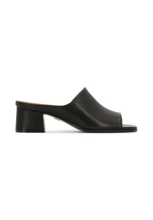 Black leather open-toe mules with a low, rectangular block heel. Smooth texture, minimalist design, and seamless upper without visible stitching.