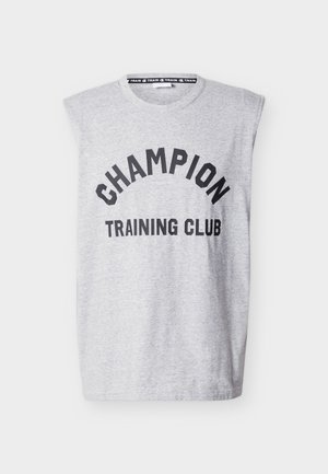 Ujjatlan, világos szürke edzőfelső fekete "CHAMPION TRAINING CLUB" felirattal az elején és márkás gallérdísszel.
