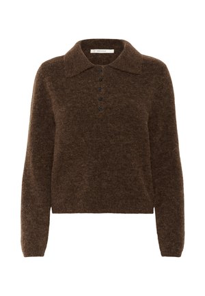 Maglione marrone lavorato a maglia con colletto, cinque bottoni neri e maniche lunghe, realizzato in un tessuto morbido e textured.