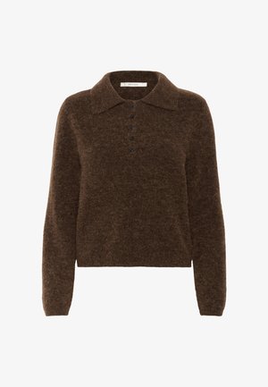 Smeđi, pleteni pulover s ovratnikom, pet crnih gumba i dugim rukavima, izrađen od mekanog, teksturiranog materijala.