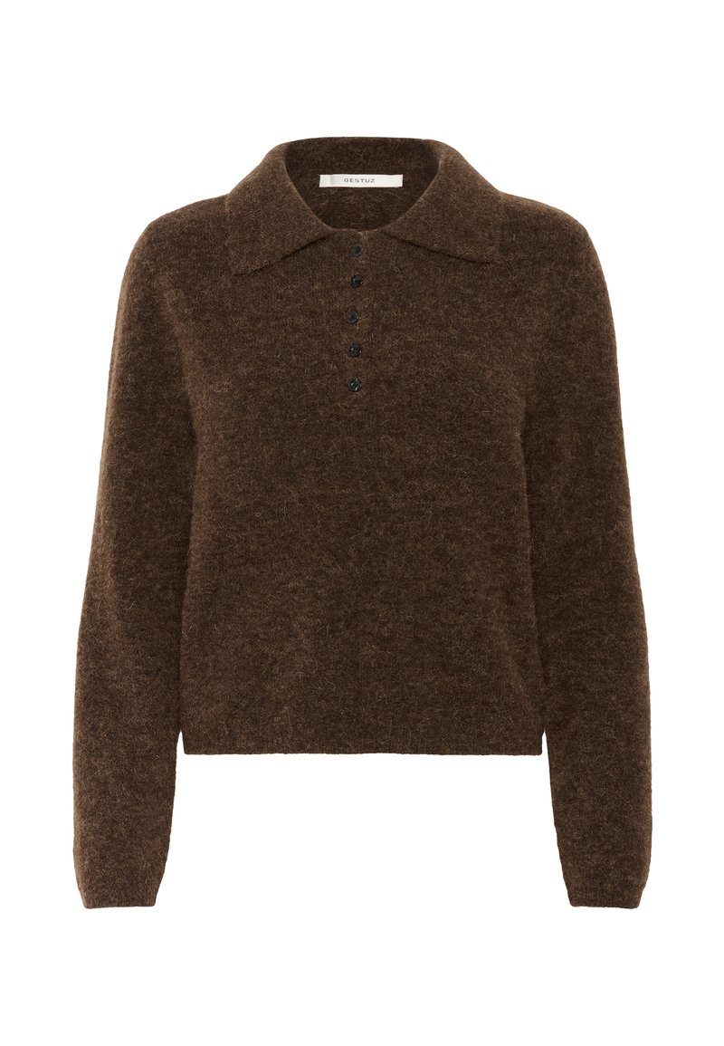 Brown, knitted sweater with a collared neckline, five black buttons, and long sleeves, featuring a soft, textured fabric.