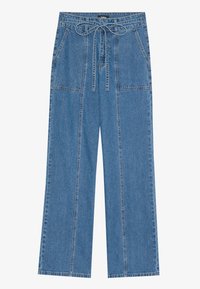 Lys blå denim vide bukser med snøre i taljen, to forlommer og kontraststingdetaljer langs sømmene.