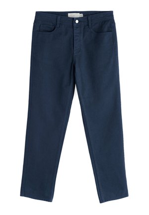 Pantalones de color azul marino oscuro, confeccionados en una resistente tela de algodón, con un diseño de pierna recta, bolsillos frontales y cierre de botón.