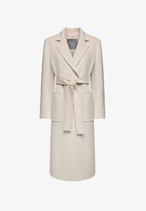 Beige Wollmischungmantel mit Reverskragen, langen Ärmeln, zwei Fronttaschen und einem passenden Gürtel. Verfügt über einen strukturierten Stoff und ein tailliertes Design.