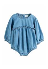 Vaatepuoli denim bodysuit vaaleansinisessä värissä, jossa on rypytetty vartalo-osa, pitkät puff-hihat ja elastiset vyötärö- ja lahkeensuut rentoa istuvuutta varten.