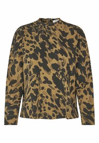 Langærmet top i en tan farve med et sort abstrakt leopardprint, med en høj halskrave og diskret lynlåsdetalje i ryggen.