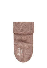 Gestrickte braune Socke mit gerippter Textur, umschlagbarem Bündchen und weißem Logo am unteren Ende; entworfen für Komfort und Wärme. Größe 13-14.