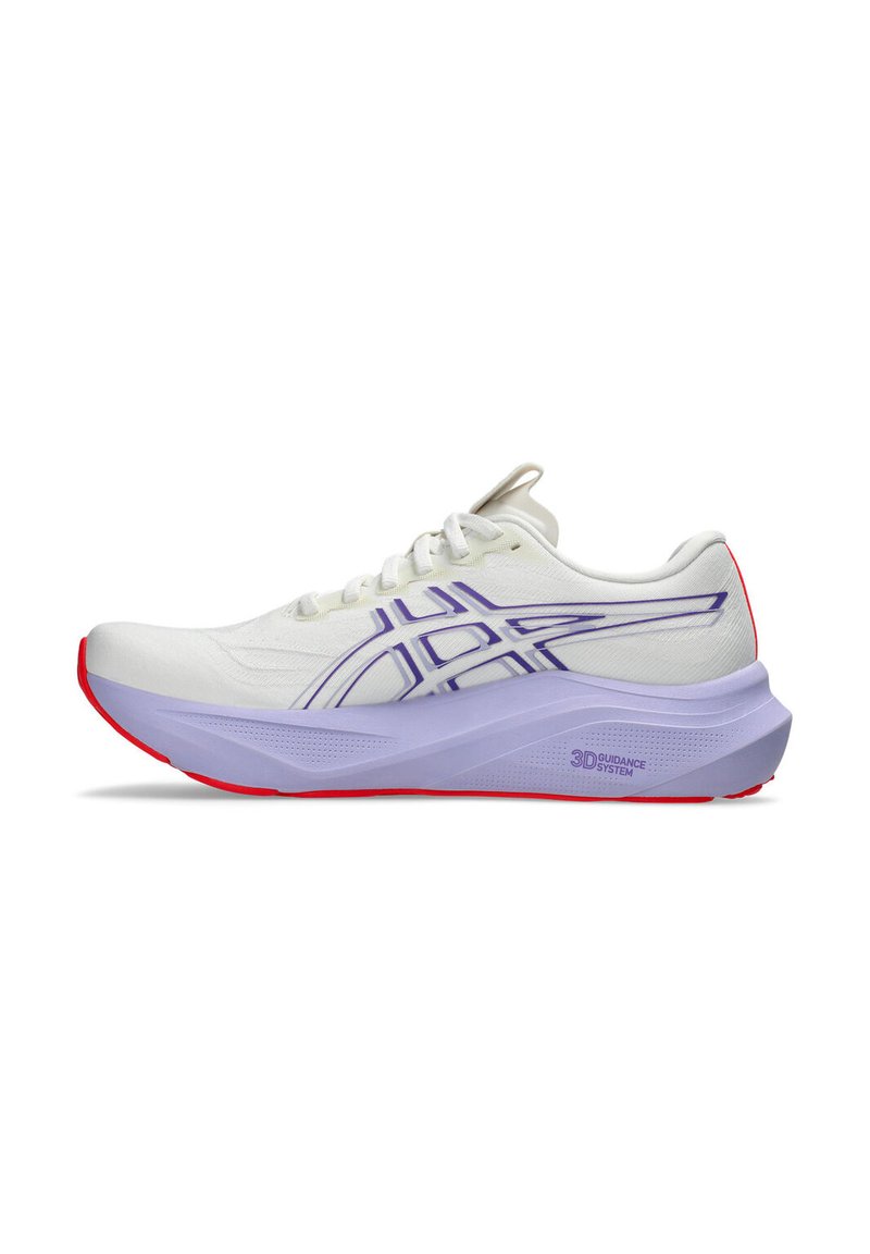 White and purple running shoe with thick sole, red outsole, Asics logo on side, and "3D Guidance System" text on midsole.