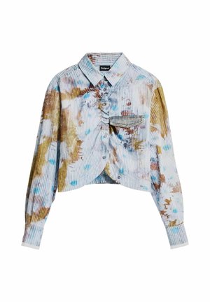 Camicetta corta a maniche lunghe con chiusura a bottoni, texture a coste, taschino sul petto e motivo tie-dye multicolore nei toni del blu, marrone e bianco.