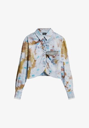 Långärmad croppad skjorta med knäppning fram, ribbad textur, bröstficka och flerfärgad tie-dye mönster i blå, brun och vit nyanser.