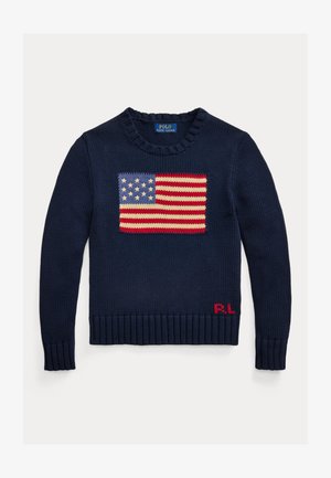 Pull en maille bleu marine avec un motif du drapeau américain sur le devant et les initiales rouges "RL" près de l'ourlet, col rond et manches longues.