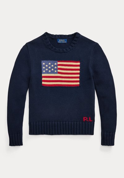 Maglione lavorato a maglia blu navy con design della bandiera americana sul davanti e iniziali rosse "RL" vicino all'orlo, girocollo e maniche lunghe.