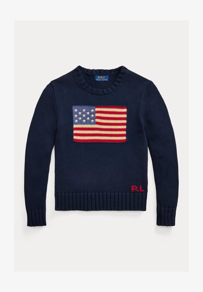 Maglione lavorato a maglia blu navy con design della bandiera americana sul davanti e iniziali rosse "RL" vicino all'orlo, girocollo e maniche lunghe.