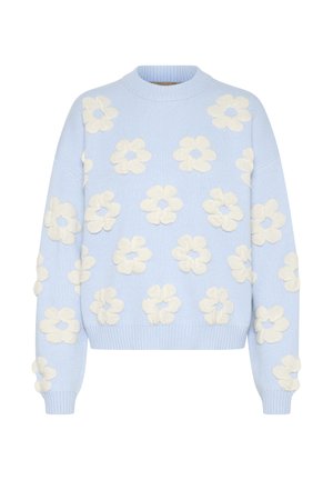Lyseblå strikket sweater med cremefarvede blomst applikationer. Har en rund hals og ribbede manchetter. Casual, struktureret design med oversized pasform.