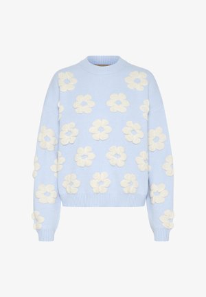 Lyseblå strikket sweater med cremefarvede blomst applikationer. Har en rund hals og ribbede manchetter. Casual, struktureret design med oversized pasform.