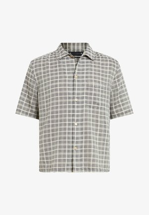 Camicia a maniche corte in motivo check grigio, con colletto a camicia, taschino frontale e tessuto leggero con accenti color crema.