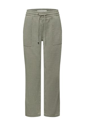 Hellgrüne Hosen mit geradem Bein, elastischem Bund, Kordelzugverschluss und großen aufgesetzten Vordertaschen.