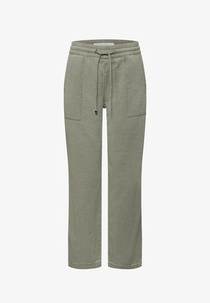 Hellgrüne Hosen mit geradem Bein, elastischem Bund, Kordelzugverschluss und großen aufgesetzten Vordertaschen.